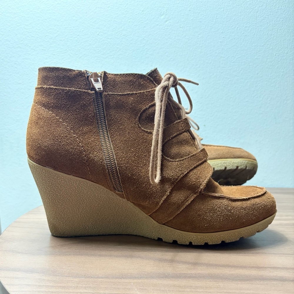 MIA Berdina Leather Wedge Ankle Boots Brown Suede Lace Up Side Zip Womens 9.5